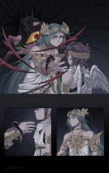  1boy 1girl 1other absurdres ahoge angel angel_wings armlet brown_hair chain chaos_kin circlet collarbone colored_sclera expressionless gold_armlet gold_chain green_eyes green_hair highres jewelry kid_icarus kid_icarus_uprising laurel_crown lunarjaguar palutena pendant pit_(kid_icarus) wings yellow_sclera 