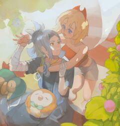  1boy 1girl absurdres adaman_(pokemon) arm_wrap blonde_hair blue_coat blue_eyes blue_hair burmy burmy_(plant) coat commentary_request cyndaquil highres hococoa irida_(pokemon) looking_at_another on_lap pokemon pokemon_(creature) pokemon_legends:_arceus pokemon_on_lap rowlet shirt short_hair shorts sitting strapless strapless_shirt white_shorts 