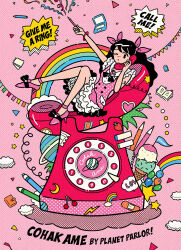  1girl antique_phone artist_name balloon bandaid bow calling clouds cohak_ame colored_pencil colorful commentary compact_(cosmetics) corded_phone cosmetics crescent_moon dress english_commentary english_text eraser faux_retro_artstyle flat_color food footwear_bow frilled_dress frills hair_bow halftone halftone_background high_heels highres ice_cream ice_cream_cone lightning_bolt_symbol moon no_nose notebook original pencil pennant phone pink_dress planet planetary_ring polka_dot polka_dot_dress rainbow rotary_phone speech_bubble spiky_speech_bubble star_(symbol) sticker streamers 