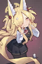  1girl ;) absurdres animal animal_ear_fluff animal_ears bird black_dress black_pantyhose blonde_hair blue_archive brown_background closed_mouth collared_shirt commentary cosplay dress eyes_visible_through_hair fox_ears fox_girl fox_tail hair_over_one_eye halo highres kanoe_(blue_archive) kanoe_(blue_archive)_(cosplay) long_sleeves miya_(miyaruta) one_eye_closed orange_eyes pantyhose pinafore_dress pleated_dress puffy_long_sleeves puffy_sleeves seia_(blue_archive) shirt sleeveless sleeveless_dress smile solo tail white_shirt 