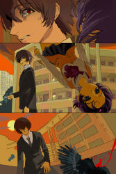  1boy 1girl absurdres bird black_jacket blank_stare blood breasts brown_hair building cigarette clenched_teeth close-up commentary_request crow crying empty_eyes faceless falling grey_necktie hair_ornament hairclip highres hitomi_hirosuke_(sayonara_wo_oshiete) holding holding_cigarette imminent_suicide jacket kneeling looking_at_another looking_to_the_side luoxuan_matai miniskirt neckerchief necktie on_floor outdoors pleated_skirt purple_hair red_eyes red_neckerchief sayonara_wo_oshiete scared school_uniform short_hair skirt small_breasts standing suicide sun sunset takada_nozomi teeth upside-down vest violet_eyes white_skirt wide-eyed yellow_background yellow_vest 