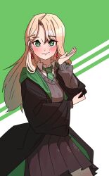  1girl absurdres aenghwaatelier black_robe black_skirt blonde_hair blush cardigan closed_mouth commentary_request curtained_hair earrings eyelashes genderswap genderswap_(mtf) green_eyes green_hood green_necktie hand_on_own_elbow harry_potter_(series) highres hogwarts_school_uniform hood hood_down jewelry korean_commentary long_hair looking_at_viewer malfoid miniskirt necktie pleated_skirt raised_eyebrow robe school_uniform shirt simple_background skirt slytherin smile solo striped_clothes striped_necktie teardrop_earrings upper_body white_shirt wide_sleeves wizarding_world 