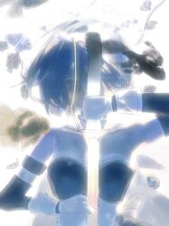 1girl armband bare_shoulders blue_armband blue_flower blue_hair blue_shirt blue_sleeves cape chinese_commentary collared_cape commentary_request covered_mouth detached_sleeves expressionless eyes_visible_through_hair fish flower flying_fish fortissimo frilled_shirt frills gloves hair_between_eyes hair_ornament hairclip high_collar holding holding_sword holding_weapon leaf long_sleeves looking_at_viewer magical_girl mahou_shoujo_madoka_magica mahou_shoujo_madoka_magica_(anime) miki_sayaka miki_sayaka_(magical_girl) mumu5947 musical_note musical_note_hair_ornament one_eye_covered shirt short_hair solo straight-on strapless strapless_shirt sword two-tone_shirt upper_body water_drop weapon white_background white_cape white_gloves white_shirt