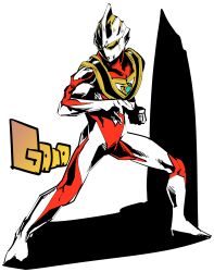  1boy alien character_name chest_guard clenched_hand color_timer colored_skin commentary compound_eyes dorsal_fin english_text fighting_stance full_body giant giant_male glowing glowing_eyes gold_trim head_down highres katana_(life_is_beautiful) legs_apart looking_ahead male_focus multicolored_skin no_pupils red_skin shadow silver_skin simple_background solo standing tokusatsu toned toned_male two-tone_skin ultra_series ultraman_gaia ultraman_gaia_(series) white_background yellow_eyes 