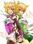  2girls animal_ears blonde_hair brown_hair cat fang female fire_emblem fire_emblem_radiant_dawn gloves hand_holding lethe long_hair lyre_(fire_emblem) one_eye_closed open_mouth siblings simple_background smile tail thigh-highs violet_eyes wink 