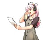  bad_id headphones long_hair microphone microphone_stand open_mouth original paper pink_hair ponytail red_eyes singing solo twintails 