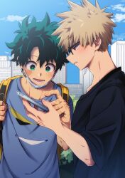  2boys :d adam's_apple all_might anime_coloring aqua_hair artist_name backpack bag bakugou_katsuki bespectacled black-framed_eyewear black_shirt blonde_hair blue_shirt blue_sky blurry blurry_background boku_no_hero_academia bright_pupils building cellphone character_print city clouds commentary_request crew_neck curtained_hair day eyebrows_hidden_by_hair facial_hair freckles from_side glasses green_eyes grey_pupils hair_between_eyes hand_up hands_up highres holding holding_phone holding_strap kmrn_urak light_blush looking_at_phone looking_down lower_teeth_only male_focus midoriya_izuku multiple_boys multiple_scars open_mouth outdoors parted_bangs parted_lips partial_commentary phone pointing pointing_at_object profile red_eyes scar scar_on_arm scar_on_cheek scar_on_face scar_on_hand shirt short_hair short_sleeves sideburns_stubble sky skyscraper smartphone smile spiky_hair stubble t-shirt teeth upper_body yellow_bag 
