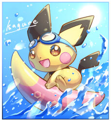  :d animal_focus blue_background border bright_pupils brown_eyes full_body goggles goggles_on_head highres kagure_(karaguren) looking_at_viewer no_humans open_mouth pichu pokemon pokemon_(creature) pokemon_focus simple_background smile solo surfing white_border white_pupils yellow_fur 