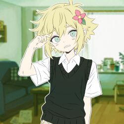  1boy antenna_hair basil_(faraway)_(omori) basil_(omori) blonde_hair blue_eyes blurry blurry_background blush clxoudy777 collared_shirt commentary double-parted_bangs english_commentary flat_color flower green_sweater_vest hair_between_eyes hair_flower hair_ornament hand_up highres looking_at_viewer male_focus omori parted_lips shirt short_hair short_sleeves sidelocks solo sweater_vest white_shirt 