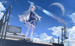  1girl absurdres black_shoes blue_bow blue_bowtie blue_dress blue_sky bow bowtie building camera closed_mouth clouds commentary_request day dress fence frilled_dress frills from_below highres holding holding_camera loafers long_hair long_sleeves looking_back moon original outdoors pantyhose railing rocket rooftop scenery shoes sidelocks sky solo standing sunlight white_hair white_pantyhose wide_shot xzu 