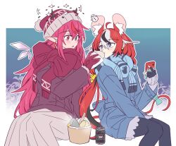  2girls ahoge animal_ears beanie between_legs black_gloves black_hair black_pantyhose blue_coat blue_eyes blue_scarf bow brown_coat can canned_coffee coat commentary_request detached_wings drink_can ear_ornament earrings eating extra_ears feeding fingerless_gloves food gloves grey_skirt hakos_baelz halo hand_between_own_legs hat heterochromia highres holding holding_phone hololive hololive_english horns horns_through_headwear irys_(hololive) jewelry knees_together_feet_apart long_skirt long_sleeves looking_at_another mouse_ears mouse_girl mouse_print mouse_tail multicolored_hair multiple_girls pantyhose phone pink_eyes pointy_ears pom_pom_(clothes) pom_pom_beanie ramphastostella red_gloves red_hair red_scarf red_streaks scarf sitting skirt snowman_ornament star_(symbol) star_earrings star_halo steamed_bun streaked_hair tail tail_bow tail_ornament virtual_youtuber white_streaks wings 