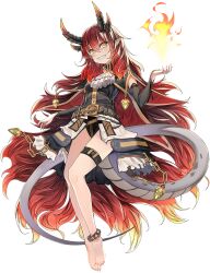  1girl :d absurdly_long_hair anklet ascot balia_(tate_no_yuusha_no_nariagari_rise) barefoot black_cape black_horns black_leotard black_sleeves blonde_hair breasts cape colored_tips detached_sleeves dragon_girl dragon_horns dragon_tail dress fire floating floating_hair full_body game_asset grey_dress grin hair_between_eyes hand_up horns jewelry leotard long_hair long_sleeves looking_at_viewer multicolored_hair official_art open_mouth orange_horns pointy_ears pyrokinesis red_cape red_eyes short_dress simple_background sleeveless sleeveless_dress slit_pupils small_breasts smile solo tail tate_no_yuusha_no_nariagari tate_no_yuusha_no_nariagari_rise thigh_strap transparent_background two-sided_cape two-sided_fabric very_long_hair white_ascot yellow_trim 
