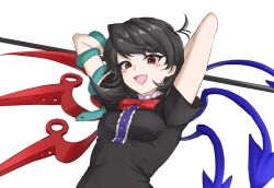  1girl ahoge arms_behind_head asymmetrical_wings black_dress black_hair blue_wings blush breasts buttons chamu3 commentary dress flipped_hair highres holding holding_polearm holding_weapon houjuu_nue looking_at_viewer medium_breasts open_mouth polearm red_eyes red_wings short_hair short_sleeves simple_background smile solo touhou upper_body weapon white_background wings 
