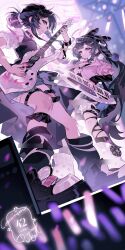  2girls absurdres amplifier black_choker black_dress black_eyes black_hair black_hat black_shoes black_skirt black_socks black_thighhighs breasts character_request choker closed_mouth concert copyright_request dress electric_guitar eyelashes frilled_sleeves frilled_thigh_strap frills from_below glowstick goblet_42 guitar hair_ornament hair_scrunchie hairclip hat hat_ribbon heart heart_choker heart_hair_ornament highres holding holding_plectrum instrument keyboard_(instrument) long_hair long_sidelocks long_sleeves looking_at_viewer loose_socks medium_breasts multicolored_shoes multiple_girls parted_lips pink_eyes pink_shirt playing_guitar playing_instrument plectrum ponytail puffy_short_sleeves puffy_sleeves ribbon scrunchie shirt shoes short_dress short_sleeves shorts_under_dress sidelocks skirt smile socks socks_over_thighhighs stage stage_lights standing studded_thigh_strap studs thigh-highs thigh_strap torn_clothes torn_thighhighs two-tone_shoes very_long_hair watermark white_scrunchie white_shoes white_socks 