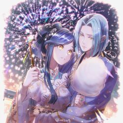  1boy 1girl 2022 akeome alternate_hairstyle artist_name blue_eyes blue_hair blue_kimono bob_cut bow-shaped_hair commentary cotton_candy dated ferdinand_(honzuki_no_gekokujou) fireworks hair_ornament hair_up happy_new_year hetero highres holding holding_wand honzuki_no_gekokujou hug ino_(ino2019) japanese_clothes kimono kotoyoro long_sleeves myne_(honzuki_no_gekokujou) new_year night outdoors parted_bangs print_kimono railing signature swept_bangs twitter_username wand white_kimono wide_sleeves 