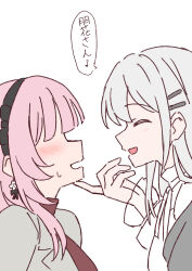  2girls bang_dream! bang_dream!_our_notes black_hairband blush closed_eyes commentary earrings eighth_note face-to-face facing_viewer hair_ornament hairband hairclip hand_on_another's_chin highres izumi_houka jewelry long_hair long_sleeves multiple_girls musical_note nogreen open_mouth pink_hair profile shiomi_hotaru simple_background smile spoken_musical_note sweatdrop translated upper_body white_background white_hair yuri 