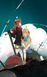  2girls absurdres ahoge arm_armor armor black_sailor_collar black_serafuku black_shirt black_skirt blonde_hair blue_sailor_collar blue_skirt bow brown_hair brown_sweater closed_eyes closed_mouth clouds commentary day dead_monster dual_persona english_commentary evil_neuro-sama expressionless full_body gauntlets green_sky hair_ornament hair_ribbon hand_on_another's_shoulder heart heart_hair_ornament heren highres holding holding_sword holding_weapon leg_armor long_hair miniskirt multiple_girls neuro-sama outdoors parted_lips planted planted_sword pleated_skirt profile red_bow red_ribbon ribbon sailor_collar school_uniform serafuku shirt shoulder_armor sitting skirt sky standing sweater sword vedal_ai weapon 