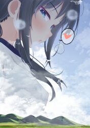  1girl absurdres black_hair blue_eyes chroma_corp city clouds drooling giant giantess heart heavy_breathing highres mountain open_mouth sigh smile spoken_heart upper_body 