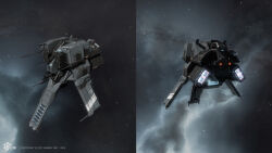  3d bantam_(eve_online) caldari_navy_(eve_online) caldari_state_(eve_online) clouds commentary company_logo company_name dated eve_online flying frigate_(eve_online) from_behind glowing grey_background grey_theme highres lai_dai_corporation_(eve_online) logo military_vehicle modo_(medium) multiple_views nebula no_humans official_art outdoors realistic science_fiction space spacecraft star_(sky) starry_sky_background support_ship_(eve_online) thrusters vehicle_focus 