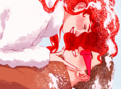  1boy 1girl brown_hair commentary couple english_commentary freckles green_eyes grin highres jean_grey jennipond long_hair looking_at_another lying lying_on_person marvel red-framed_eyewear red_hair scott_summers short_hair smile snow sunglasses twitter_username wavy_hair winter_clothes x-men 