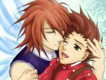   brown_eyes brown_hair buttons closed_eyes father_and_son hug kratos_aurion lloyd_irving one_eye_closed open_mouth redhead short_hair smile tales_of_symphonia wings  