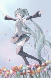 1girl :d absurdres aqua_eyes aqua_hair aqua_nails aqua_necktie aqua_trim bare_shoulders black_sleeves blue_eyes blue_hair commentary_request detached_sleeves field flower flower_field gradient_background grey_shirt hair_between_eyes hair_ornament hatsune_miku headset highres kumu39_(pixiv98385696) long_hair necktie open_mouth outstretched_arms shirt sleeveless sleeveless_shirt smile thigh-highs twintails very_long_hair vocaloid 