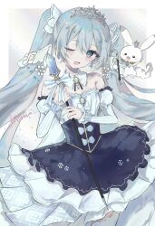  1girl bare_shoulders beamed_eighth_notes blue_eyes blue_hair detached_collar detached_sleeves dress eighth_note hair_ornament hat hat_ornament hatsune_miku highres holding holding_scepter hoop_skirt kumu39_(pixiv98385696) long_hair looking_at_viewer mini_hat mini_shako_cap musical_note musical_note_hair_ornament one_eye_closed open_mouth owl_hat princess puffy_sleeves rabbit rowan scepter shako_cap smile snowflake_hair_ornament snowflake_hat_ornament snowflake_print snowflakes solo strapless strapless_dress striped_sleeves tiara twintails very_long_hair vocaloid white_tiara yuki_miku yuki_miku_(2019) 