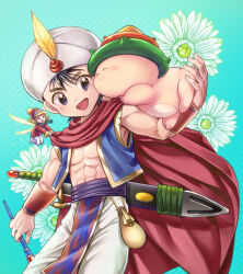  1boy 1girl ^_^ ayasetaru belt black_belt black_eyes black_hair black_sash blonde_hair blue_background blue_vest boots cape closed_eyes closed_mouth commentary_request cowboy_shot creature creature_on_arm daikaijuu_monogatari dress fairy fairy_wings feathers fire_shell_hero_(daikaijuu_monogatari) flower green_scarf hat hat_feather holding holding_wand kaijuu_monogatari_(series) kupikupi looking_at_creature myan_(daikaijuu_monogatari) open_clothes open_mouth open_vest pants pelvic_curtain pouch red_cape red_dress red_hat sash scarf seashell sheath sheathed shell smile standing sword thigh_boots turban vest wand weapon white_boots white_flower white_pants white_turban wings wristband yellow_feathers yellow_wings 
