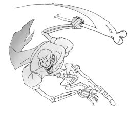  1boy 2026 2d armor bone boots bugsoupart commentary digital_media fighting_stance from_above full_body greyscale highres hip_bones holding holding_bone humanoid male male_focus male_only monochrome monster monster_boy papyrus_(undertale) scarf shorts simple_background skeleton solo spine teeth undead undertale utdr_(toby_fox) white_armor white_background yellow_trim 