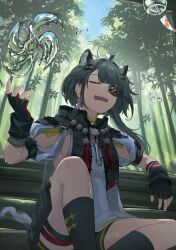  1girl absurdres ahoge animal_ears arknights arknights:_endfield bamboo bamboo_forest black_gloves black_shorts black_socks closed_eyes collar commentary_request earrings extra_ears eyepatch fang fingerless_gloves forest from_below gloves grey_hair hair_ornament hand_up highres hydrokinesis jewelry nature one_eye_covered open_mouth regit_etihw shorts sitting sky socks sweat tail tangtang_(arknights) teeth thigh_strap tiger_ears tiger_girl tiger_tail two-sided_gloves water water_drop 