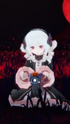  1girl black_bow black_dress bow commentary_request dress drill_hair field flower frills grass hair_between_eyes highres long_hair long_sleeves moon red_eyes red_moon sexpert00 sitting solo tlipoca twin_drills white_hair 