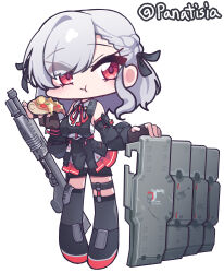  absurdres braid chibi commentary eating food girls'_frontline_2:_exilium girls_frontline grey_hair gun hair_ribbon highres holding holding_food holding_pizza multiple_hair_ribbons panatisia pizza pizza_slice pump_action red_eyes ribbon sabrina_(girls'_frontline_2) shield shotgun skirt spas-12 spas-12_(girls'_frontline) twitter_username weapon white_background 