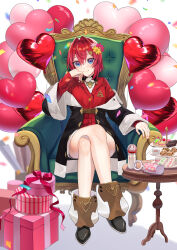  1girl absurdres ange_katrina ange_katrina_(1st_costume) ankle_boots arm_rest baby_bottle balloon black_coat blue_eyes boots bottle box brown_boots cardigan closed_mouth coat commentary_request confetti crossed_legs double-parted_bangs elbow_rest flower food full_body gift gift_box gift_stack gradient_eyes hair_between_eyes hair_flower hair_intakes hair_ornament hairclip hand_on_own_cheek hand_on_own_face hand_up heart_balloon highres looking_at_viewer medium_hair multicolored_eyes nao221y nijisanji off_shoulder on_throne pink_flower rattle red_cardigan red_hair sitting sleeves_past_wrists smile solo sweets table throne tiered_tray too_many_balloons triangle_hair_ornament violet_eyes virtual_youtuber white_background wooden_table yellow_flower 