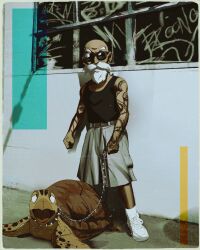  absurdres arm_tattoo bald beard belt black_tank_top broonoart brown_belt character_request closed_mouth collar commentary dragon_ball dragon_tattoo facial_hair full_body graffiti grey_shorts highres holding holding_leash leash looking_at_viewer muten_roushi open_mouth outdoors sea_turtle shoes shorts socks spiked_collar spikes sunglasses tank_top tattoo turtle white_shoes white_socks 