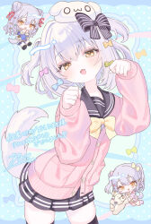  1boy absurdres black_sailor_collar black_skirt blue_hair bow bowtie cardigan chibi chibi_inset commentary_request cowboy_shot crossdressing crossdressing_(mtf) dog_tail hair_bow ham3c highres inuyama_tamaki inuyama_tamaki_(1st_costume) inuyama_tamaki_(4th_costume) inuyama_tamaki_(5th_costume) looking_at_viewer male_focus miniskirt noripro official_alternate_costume open_mouth paw_pose pink_cardigan pleated_skirt sailor_collar school_uniform skindentation skirt tail trap two_side_up virtual_youtuber yellow_bow yellow_bowtie yellow_eyes zettai_ryouiki 
