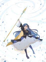  1girl absurdres arm_up black_dress black_pantyhose black_shoes blue_hair cape clothes_lift dress dress_lift electricity frilled_dress frilled_sleeves frills frown hair_ornament highres holding holding_polearm holding_weapon honzuki_no_gekokujou juliet_sleeves long_dress long_hair long_sleeves myne_(honzuki_no_gekokujou) open_mouth pantyhose petticoat polearm puffy_sleeves san+ shoes solo spear_of_leidenschaft standing standing_on_one_leg swept_bangs twitter_username weapon wind wind_lift yellow_cape yellow_eyes 