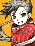  brown_eyes brown_hair lloyd_irving male oekaki open_mouth short_hair simple_background solo sword tales_of_symphonia 