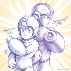  2boys android anniversary arm_cannon artist_logo commentary english_commentary helmet jose_salot limited_palette logo male_focus mega_man_(character) mega_man_(classic) mega_man_(series) mega_man_x_(series) multiple_boys smile twitter_username weapon x_(mega_man) 