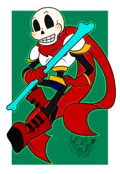  1boy 2017 2d armor artist_logo blue_shorts bone boots border commentary digital_media english_commentary full_body gloves green_background green_outline hip_bones holding holding_bone hollow_eyes humanoid long_scarf male male_focus male_only monster monster_boy noblechinchi outline papyrus_(undertale) print_armor red_boots red_gloves red_scarf scarf shorts signature skeleton solo spine teeth two-tone_background undead undertale utdr_(toby_fox) white_armor white_background white_border yellow_trim 