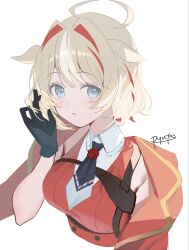  1girl :o ahoge arm_up black_gloves black_necktie blonde_hair blush coat coat_on_shoulders collared_shirt colored_inner_hair commentary_request cropped_torso gloves green_eyes hair_intakes highres hololive looking_at_viewer multicolored_hair necktie red_coat red_hair red_vest ryuya shirt short_hair short_necktie signature simple_background sleeveless sleeveless_shirt solo suzuna_tsuzuri vest virtual_youtuber wax_seal white_background white_shirt 