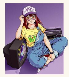  1girl artist_logo baseball_cap blue_overalls boombox breasts commentary crt donna_bright english_commentary film_grain full_body hat indian_style jose_salot logo looking_at_viewer lum medium_breasts orange_eyes original overalls overalls_rolled_up purple_background red_hair round_eyewear shirt single_strap sitting smile solo sunglasses t-shirt television twitter_username urusei_yatsura watermark yellow_shirt 