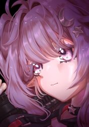  1girl absurdres black_background black_choker black_hoodie chadraws_art choker commentary crescent crescent_hair_ornament eepy_sleepy eepy_sleepy_(sleepy_2.0) english_commentary gun hair_between_eyes hair_ornament highres holding holding_gun holding_weapon hood hoodie messy_hair nail_polish parted_lips phase_connect pointy_ears portrait purple_hair rifle side_ponytail simple_background solo star_(symbol) star_choker star_hair_ornament star_in_eye symbol_in_eye violet_eyes virtual_youtuber weapon 