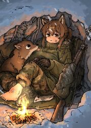  1girl absurdres animal animal_ears bag barefoot black_gloves brown_eyes brown_hair brown_pants camouflage camouflage_jacket camouflage_pants campfire dirty dirty_clothes dirty_face fire gloves green_jacket green_pants gun hair_between_eyes highres holding injury jacket long_sleeves military military_uniform multicolored_hair original outdoors pants ponytail rifle sidelocks sitting smoke snow solo weapon yihan_world 