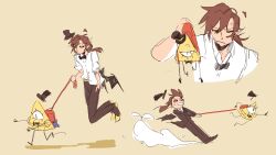  1boy 1other alcor_the_dreambender alcorian-wizard backpack bag bill_cipher black_jacket black_sclera bow bowtie collared_shirt colored_sclera floating_hat full_body hat highres holding holding_leash jacket leash low_wings mini_hat mini_top_hat multiple_views shirt suit_jacket top_hat transcendence_au_(gravity_falls) white_shirt wings yellow_eyes 