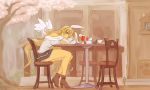  blue_eyes brown_hair bunny_ears chair cherry_blossoms drink legs long_hair noname original pointy_ears rabbit_ears sitting solo table tree very_long_hair wings 