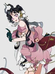  1girl anjo_nala black_hair chain commentary_request curtained_hair dress fingernails gloves gold_chain hair_ornament highres horns kaeru_(uj26cobrsv) layered_dress long_hair looking_back off_shoulder official_alternate_costume official_alternate_hairstyle open_mouth reptile_girl reverse:1999 sharp_fingernails smile tail teeth upper_teeth_only violet_eyes 
