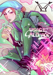  1boy 7ylcom aqua_hat backpack bag black_bridal_gauntlets black_choker blush bodysuit bridal_gauntlets brown_hair choker copyright_name drink drinking english_text flower green_bodysuit green_lips hat highres holding holding_drink jojo_no_kimyou_na_bouken looking_at_viewer male_focus newsboy_cap pants_under_shorts purple_bag shoes solo the_jojolands usagi_aloha'oe 