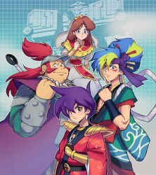  1girl 3boys aqua_kimono armor baseball_cap belt bindi black_belt black_eyes black_shirt blue_eyes blue_hair bow bracer brown_hair capelet clenched_hand closed_mouth cloud_print commentary_request dress earrings facial_mark gokuraku_tarou green_hair green_sleeves grid_background hair_ornament hair_stick half_updo hand_up hat headband highres hoop_earrings ika_san_(kawasan) japanese_armor japanese_clothes jewelry kabuki_danjuurou kimono kinu_(tengai_makyou) long_hair manji mecha medium_hair multicolored_hair multiple_boys necklace pauldrons pelvic_curtain ponytail print_kimono purple_hair purple_headband purple_robe red_bow red_capelet red_eyes red_kimono red_sash robe robot sash sengoku_manjimaru shirt short_hair short_sleeves shoulder_armor smile sode standing sweatdrop tengai_makyou tengai_makyou_ii tooth_necklace two-tone_hair v-shaped_eyebrows vambraces veil wave_print white_dress white_veil wide_sleeves wristband 