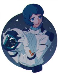  1boy aeug blue_eyes blue_hair border broken_glass broken_helmet commentary_request cropped_torso glass gundam helmet highres holding holding_unworn_helmet kamille_bidan male_focus mecha_pilot_suit normal_suit_(gundam) open_mouth pin_(penco_co) round_border short_hair solo space space_helmet unworn_headwear unworn_helmet upper_body white_border zeta_gundam 