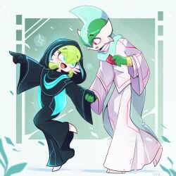  1boy 1girl alternate_eye_color arm_up artist_name black_capelet black_dress black_gloves blue_eyes blue_hair blue_trim blush bob_cut border bracer bright_pupils capelet clothed_pokemon colored_skin commentary commission couple dress english_commentary eye_contact flat_chest full_body gallade gardevoir gloves green_background green_hair green_skin grey_border hair_between_eyes hair_over_one_eye hand_up happy height_difference hetero highres holding_hands hood hood_up hooded_dress layered_sleeves leaning_forward leg_up long_dress long_sleeves looking_at_another looking_back mohawk multicolored_hair multicolored_skin no_feet open_mouth outside_border outstretched_arm pants pointing pokemon pokemon_(creature) raised_inner_eyebrows red_eyes shirt short_hair signature smile sparkle standing standing_on_one_leg two-tone_hair two-tone_skin walking watermark white_pants white_pupils white_shirt white_skin wide-eyed wide_sleeves yummimayo 